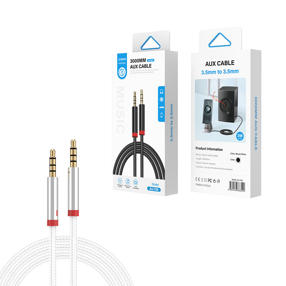 Zore AU-708 Örgü Tasarımlı Aux Audio Kablo 3.5mm 3m Beyaz